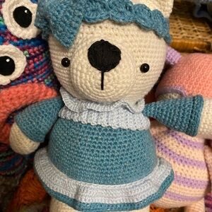 Handmade Crochet Bear in Blue Dress